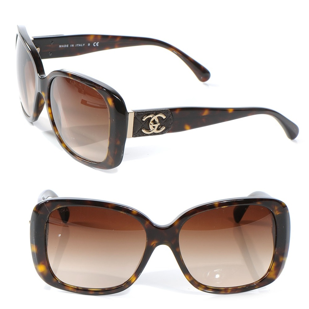 AUTHENTIC Chanel Turnlock sunglasses with leather in tortoise.